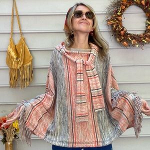 Poncho with fringe wool blend fall winter warm sweater